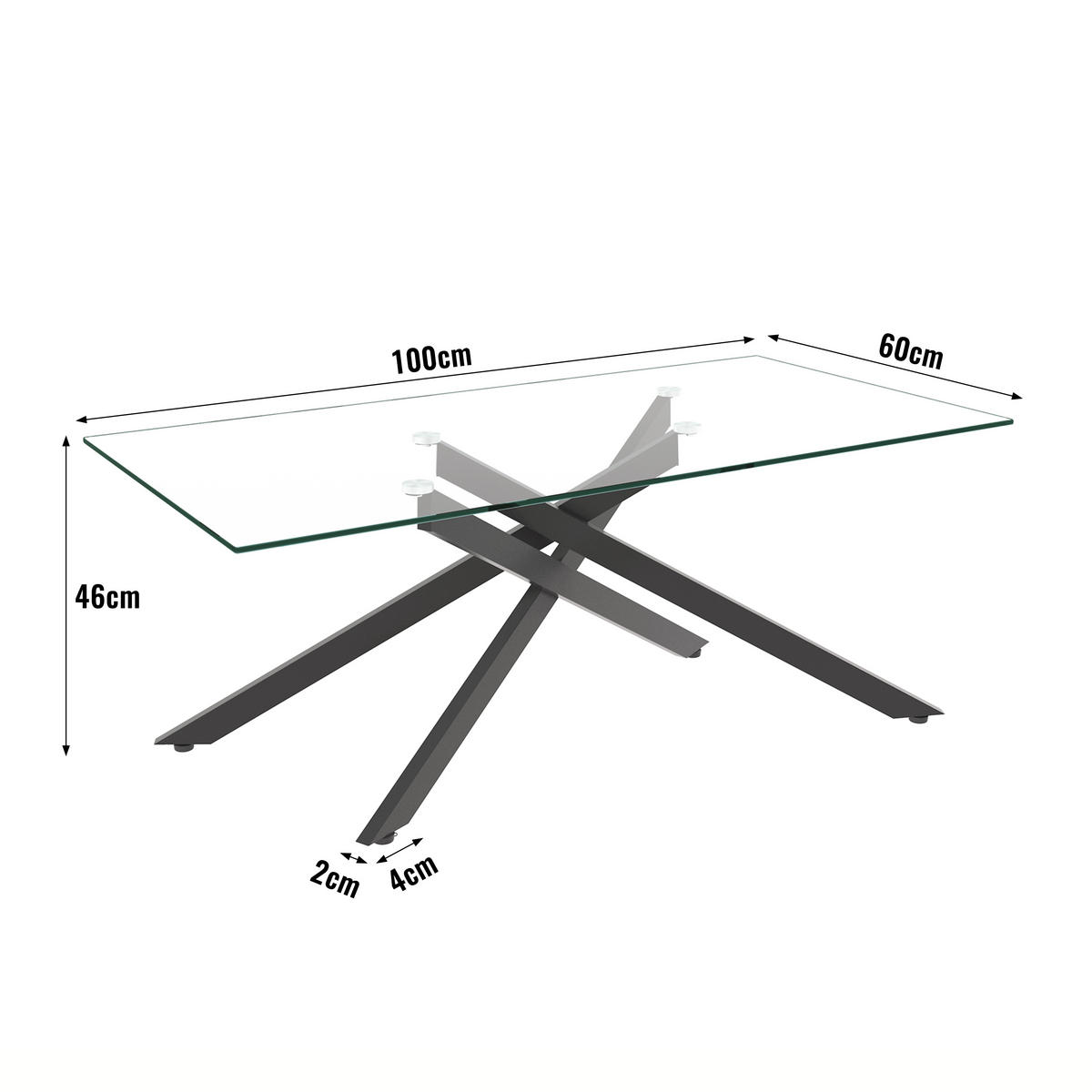 COUCHTISCH DE-37412 100 cm rechteckig mit Glasplatte Schwarz/Transparent - Schwarz, Metall (100/60/46cm) - ComfortXL