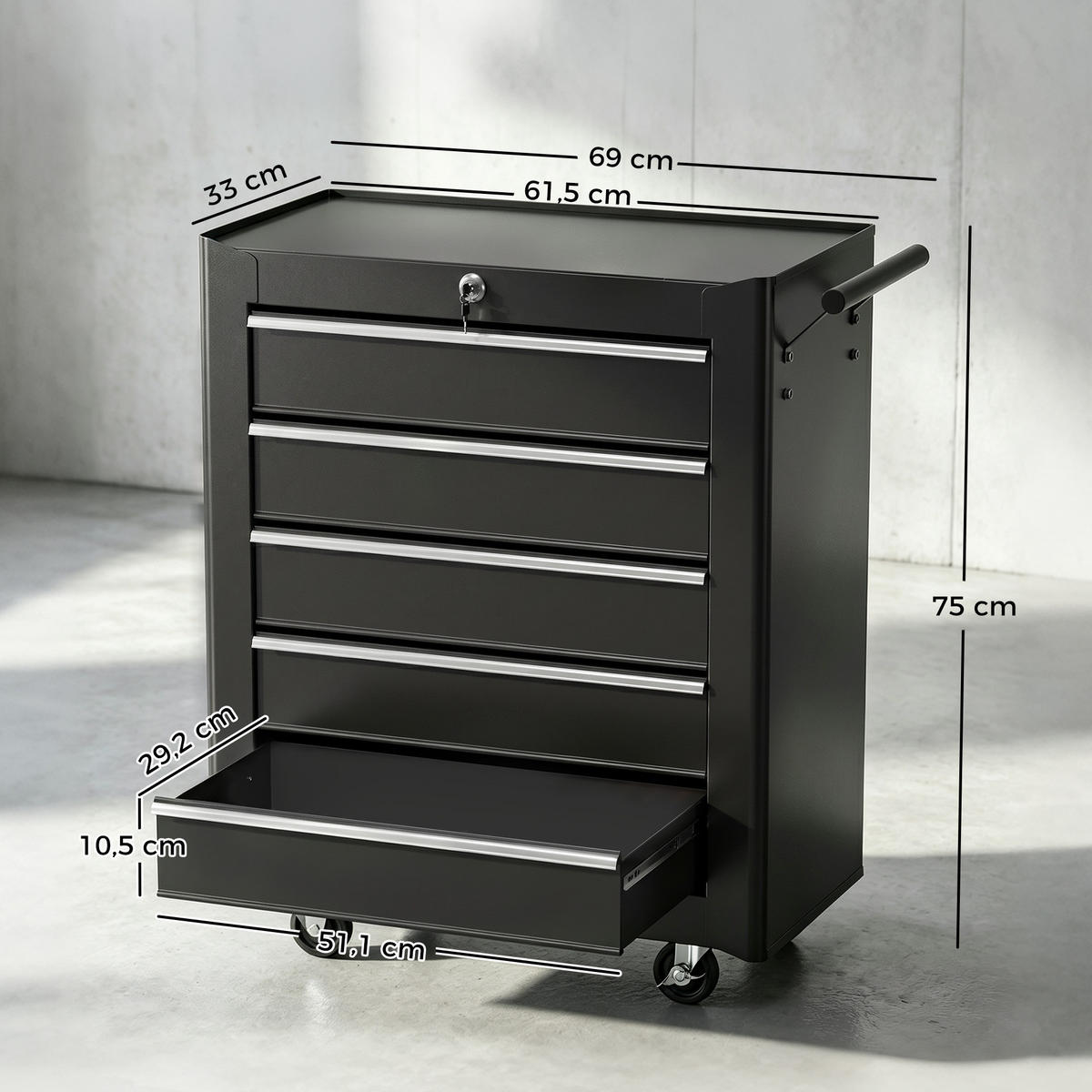 WERKSTATTWAGEN leer Werkzeugwagen abschließbar mit 5 Schubladen Schwarz - Schwarz, Metall (33/75/61.6cm) - HOMCOM