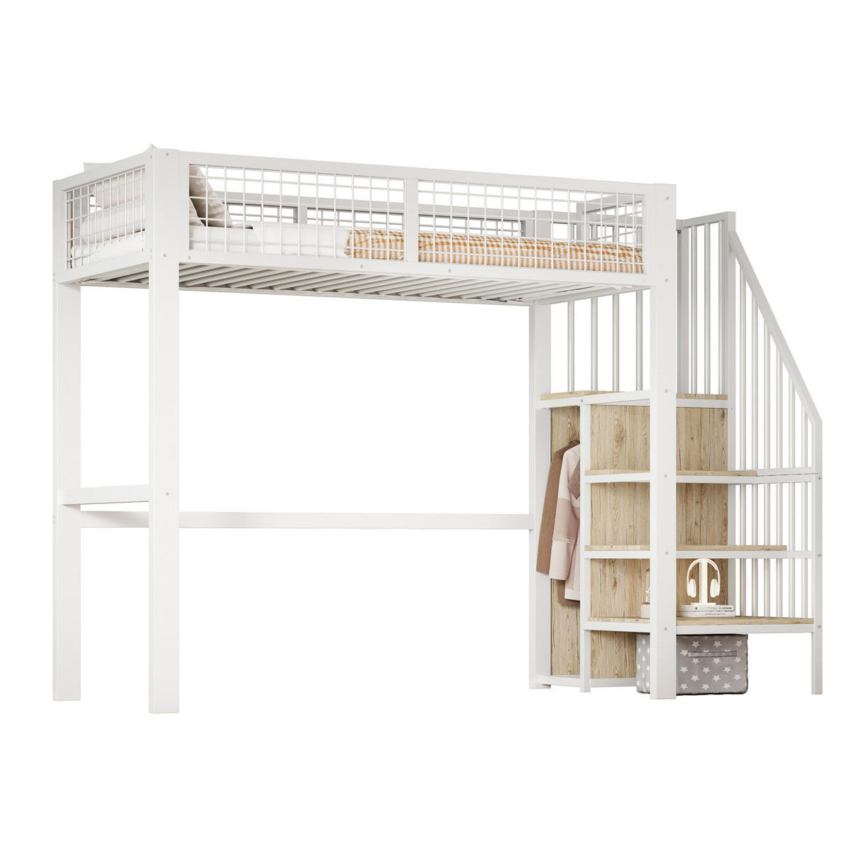 HOCHBETT aus Metall 90x200 cm in Weiß mit Leiter & Kleiderschrank - Weiß, Metall (90/200cm) - Modfu