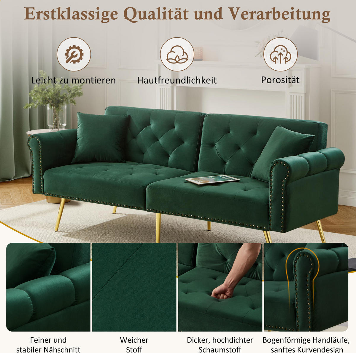 ROZKLÁDACÍ pohovka 147/85 cm s 3polohovým nastavením opěradla, sametovým potahem a zlatými kovovými nohami, Zelená - zelená barva, textil (70/173/75cm) - Redom