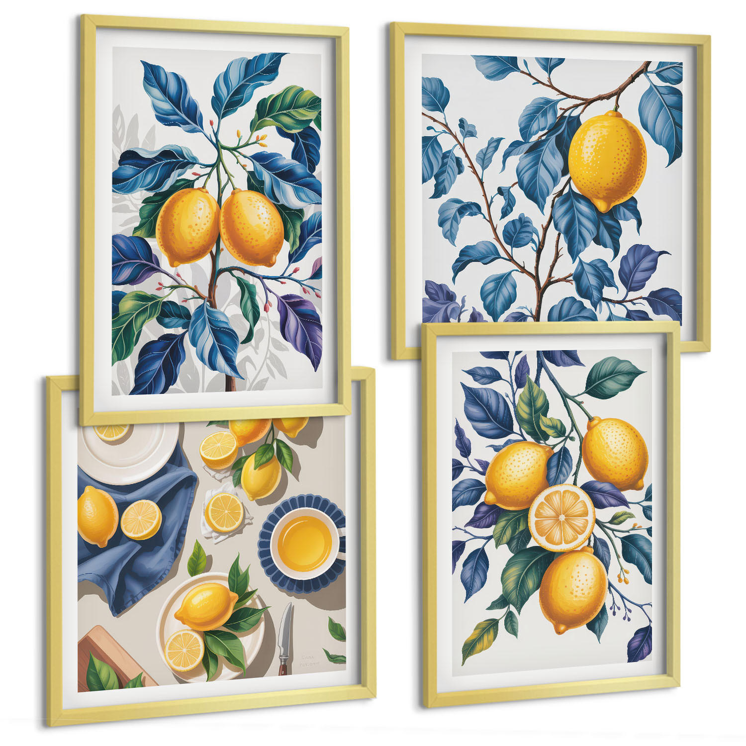 BILDER SET 4er Set - 50x50 cm & 40x60 cm Goldrahmen - Zitronenzweige mit blauen Blättern - Goldfarben, Kunststoff (50/50cm) - TULUP