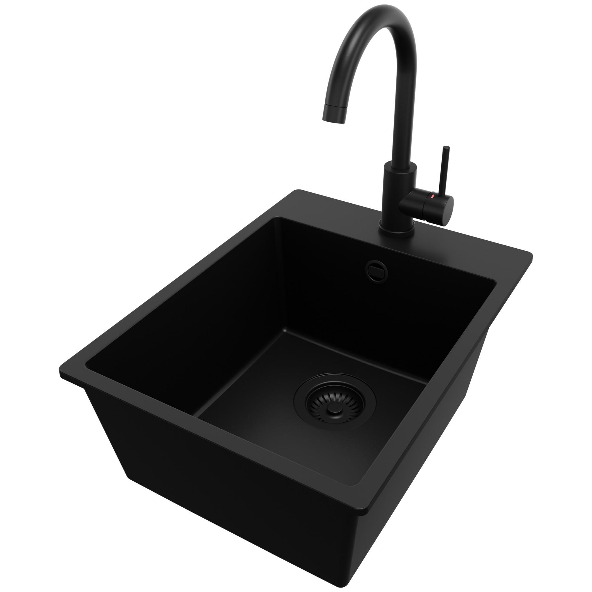 GRANITSPÜLE Riga, 2-er set Alles Schwarz 38/50 cm 1 Becken + Küchenarmatur 32/20 cm + Ablauf-Set ab 40er Unterschrank - Schwarz, Kunststoff (38/20/50cm) - Primagran
