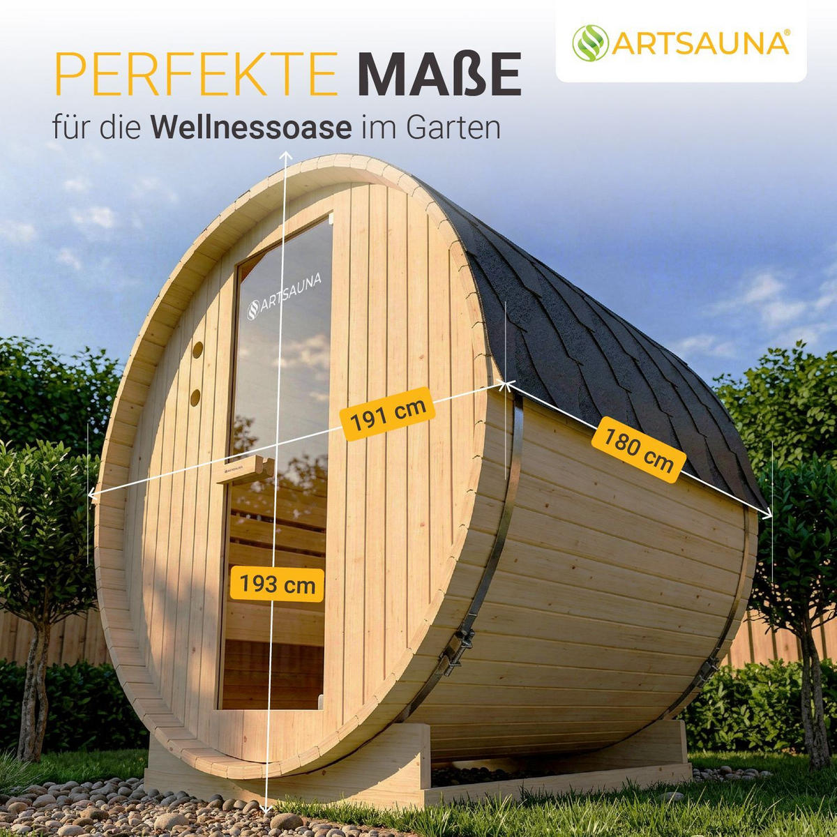 FASSSAUNA Spitzbergen 180 cm mit 6 kW Saunaofen (4 Personen) - Naturfarben, Holz (191/193/180cm) - Artsauna