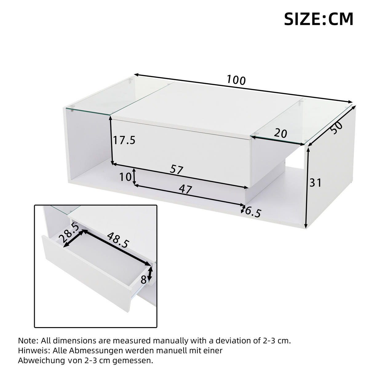 COUCHTISCH 100/50/31 cm mit Schublade, LED-Beleuchtung und gehärtetem Glas, Hochglanz, Weiß - Weiß, Holzwerkstoff (100/50/31cm) - Redom