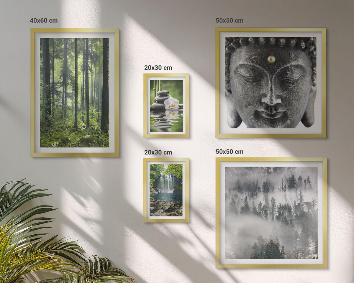 WANDBILDER 5er Set - 50x50 cm & 20x30 cm & 40x60 cm Goldrahmen - Harmonie der Natur, Steine, Wasser, Buddha - Goldfarben, Kunststoff (40/60cm) - ArtPrintCave