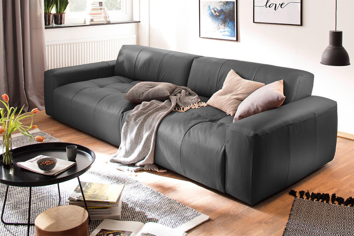 LEDERSOFA MIT SITZTIEFENVERSTELLUNG PALACE Schwarz Leder - Schwarz, Leder (298/74/120cm) - KAWOLA