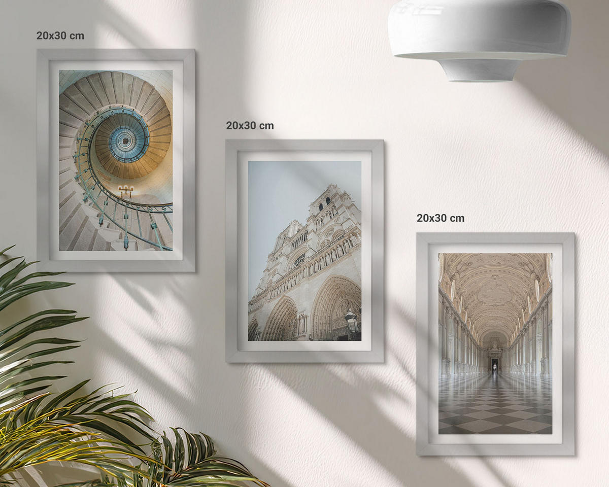 WANDBILDER 3er Set - 20x30 cm Silberner Rahmen - Wendeltreppe der Kathedralenfassade - Silberfarben, Kunststoff (20/30cm) - ArtPrintCave