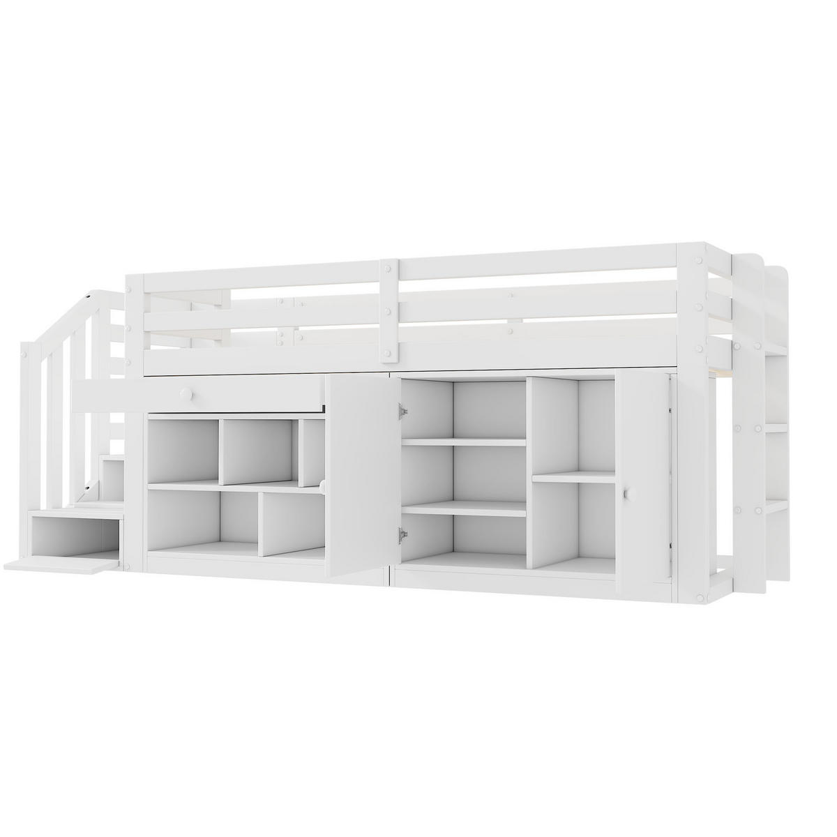 KINDEREINZELBETTEN aus Massivholz 90x200 cm in Weiß mit Treppe & Stauraum - Weiß, Holz (90/200cm) - Modfu