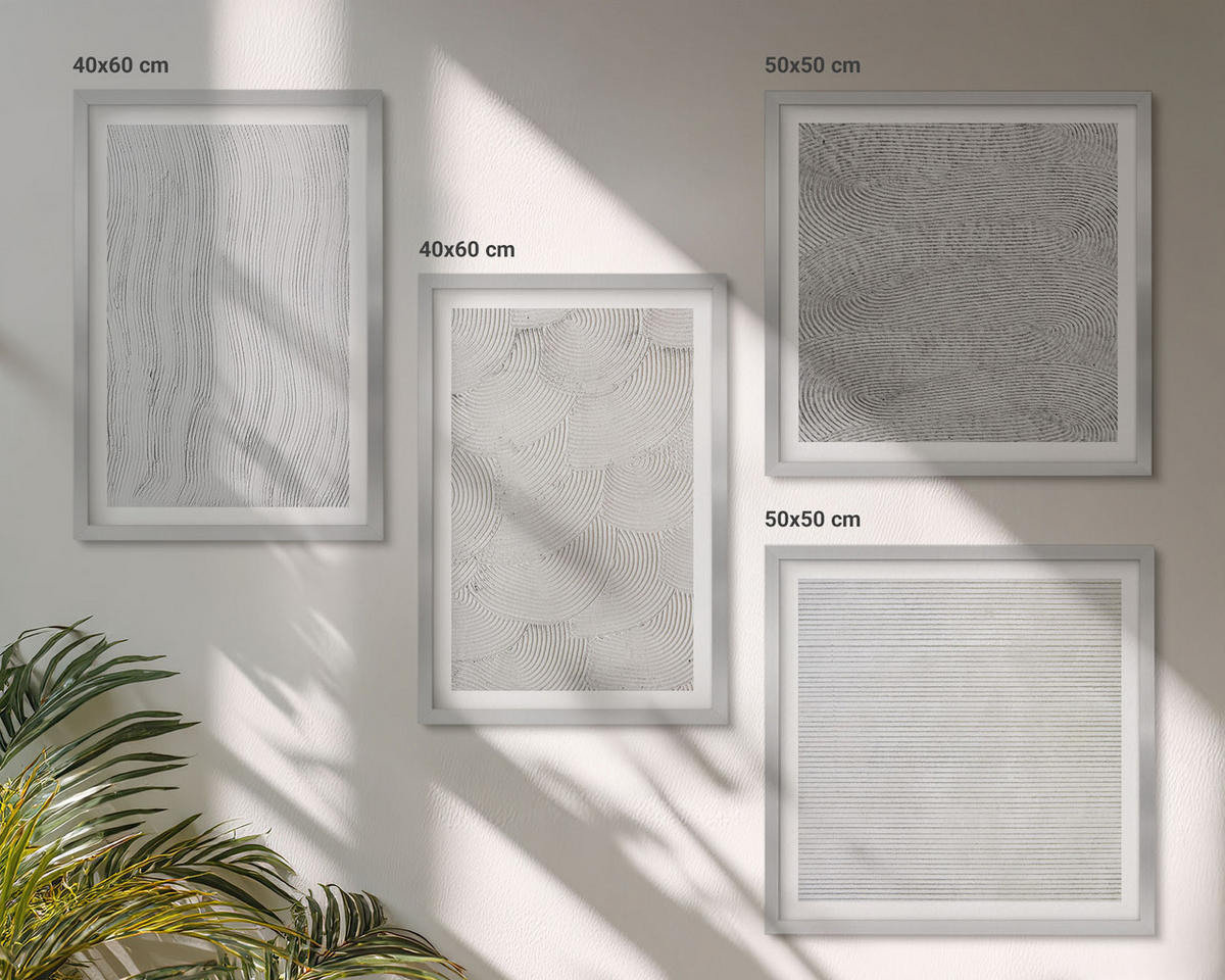 WANDBILDER 4er Set - 50x50 cm & 40x60 cm Silberner Rahmen - Sandmuster geometrische Strukturen - Silberfarben, Kunststoff (50/50cm) - ArtPrintCave