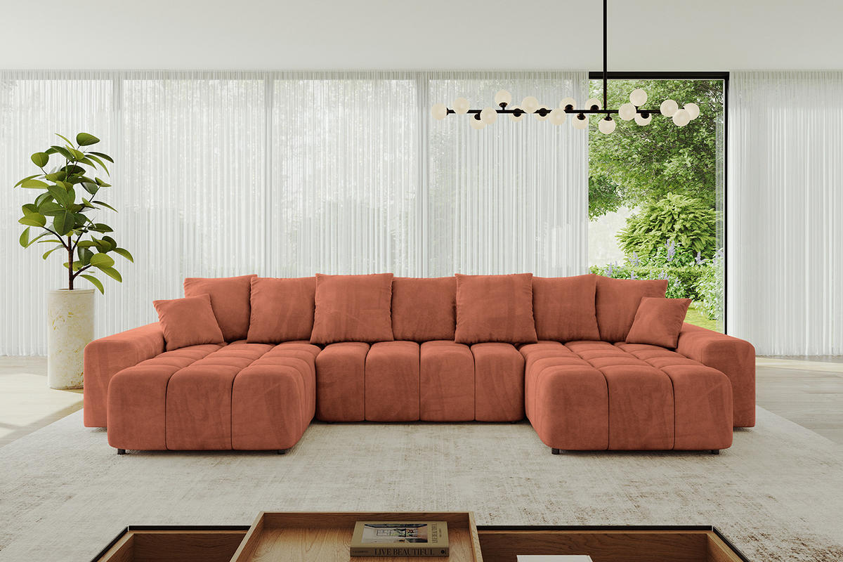 WOHNLANDSCHAFT ENIL-U 390x175x84 Koralle Velours - Koralle, Holzwerkstoff/Kunststoff (390/84/175cm) - ALTDECOR