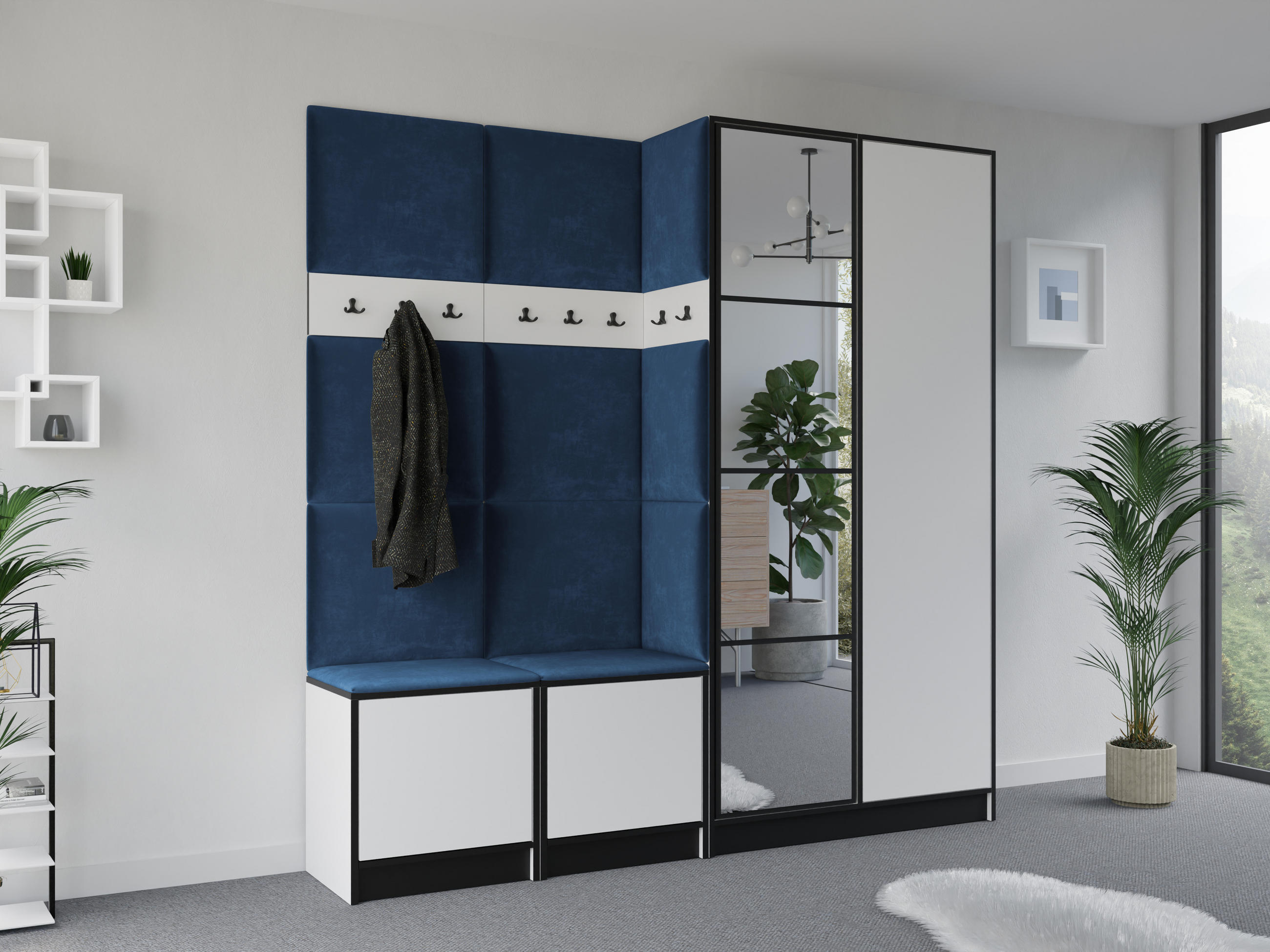 GARDEROBENSCHRANK EDEN 21 mit Spiegel - Weiß & Stoff Blau - Blau/Weiß, Holzwerkstoff (211/205/39cm) - Kier Furniture