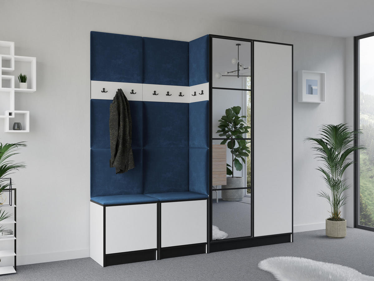 GARDEROBENSCHRANK EDEN 21 mit Spiegel - Weiß & Stoff Blau - Blau/Weiß, Holzwerkstoff (211/205/39cm) - Kier Furniture