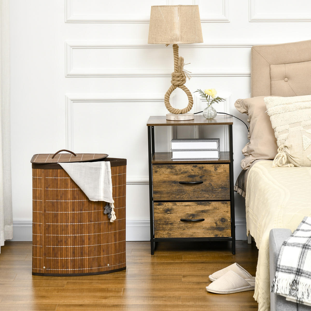 WÄSCHEKORB, Bambus, Polyester, Braun - Braun, Naturmaterialen (38/57/38cm) - HOMCOM