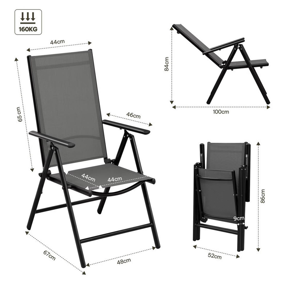 GARTENSTUHL 2ER SET Faltbar 7-fach Verstellbar 150 kg - Grau, Metall (55/106/67cm) - Kaket