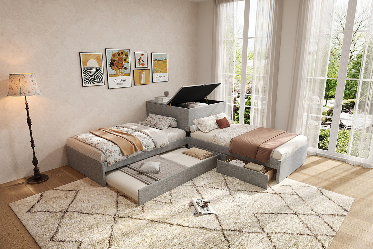 POLSTERBETT 90/200 cm in Grau mit Ausziehbett, Schrank und 2 Schubladen Leinen - Grau, Holzwerkstoff/Textil (90/200cm) - CHICFURN