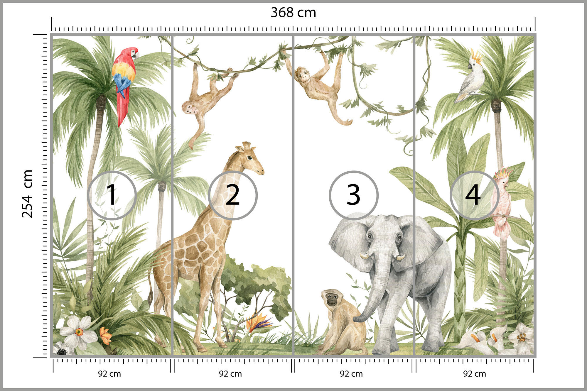 FOTOTAPETE für Kinderzimmer TIERE tropische Pflanzen Natur 368x254cm - Rot/Weiß, Papier (368/254cm) - Muralo