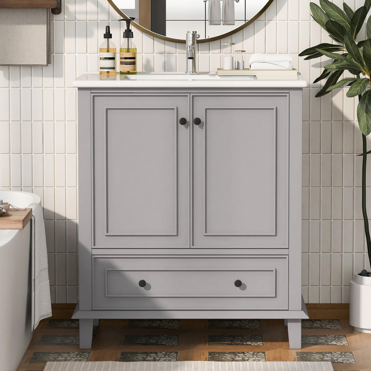 BADEZIMMERSCHRANK 76x46x87cm in Grau mit Massivholzbeinen & Keramikbecken - Grau, Holzwerkstoff (76/87/46cm) - Modfu