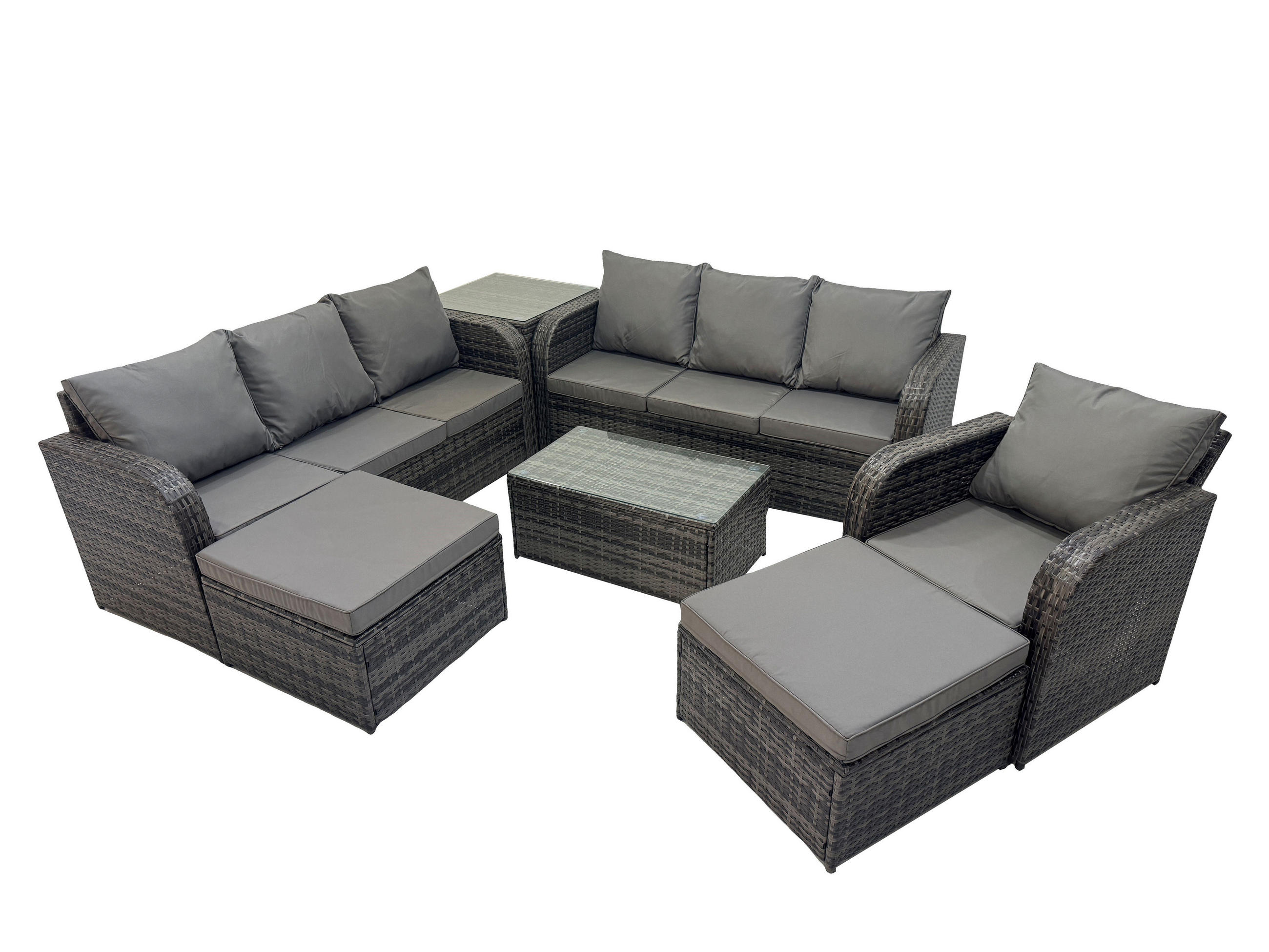 GARTENMÖBEL-SET mit Kissen Polyrattan Dunkelgrau 9-Sitzer - Dunkelgrau/Grau, Glas/Kunststoff - Fimous