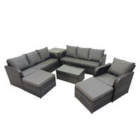 GARTENMÖBEL-SET mit Kissen Polyrattan Dunkelgrau 9-Sitzer - Dunkelgrau/Grau, Glas/Kunststoff - Fimous