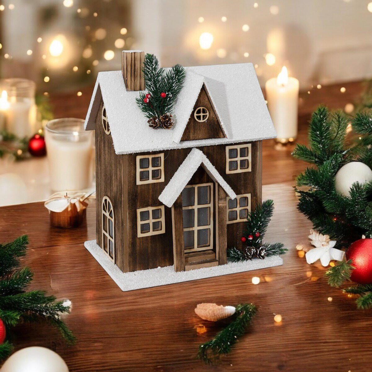 WEIHNACHTSFIGUR Haus mit LED-Beleuchtung 33 cm - Braun, Holzwerkstoff (18/33/26cm) - Atmosphera Createur d´interieur