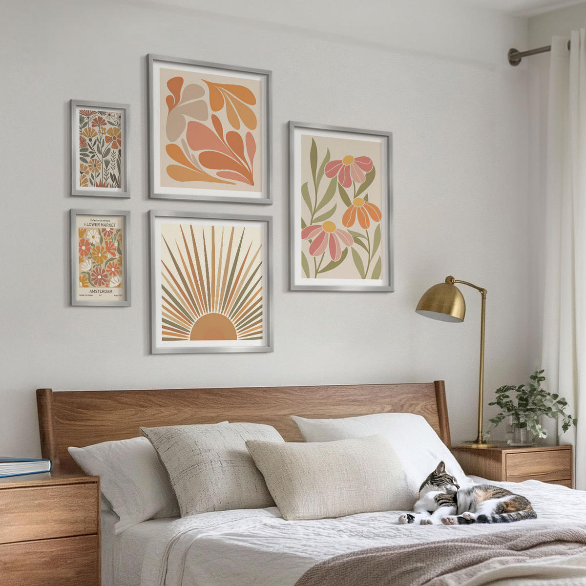 WANDBILDER 5er Set - 50x50 cm & 20x30 cm & 40x60 cm Silberner Rahmen - Pastellfarbene Sonnenblumen - Silberfarben, Kunststoff (40/60cm) - ArtPrintCave