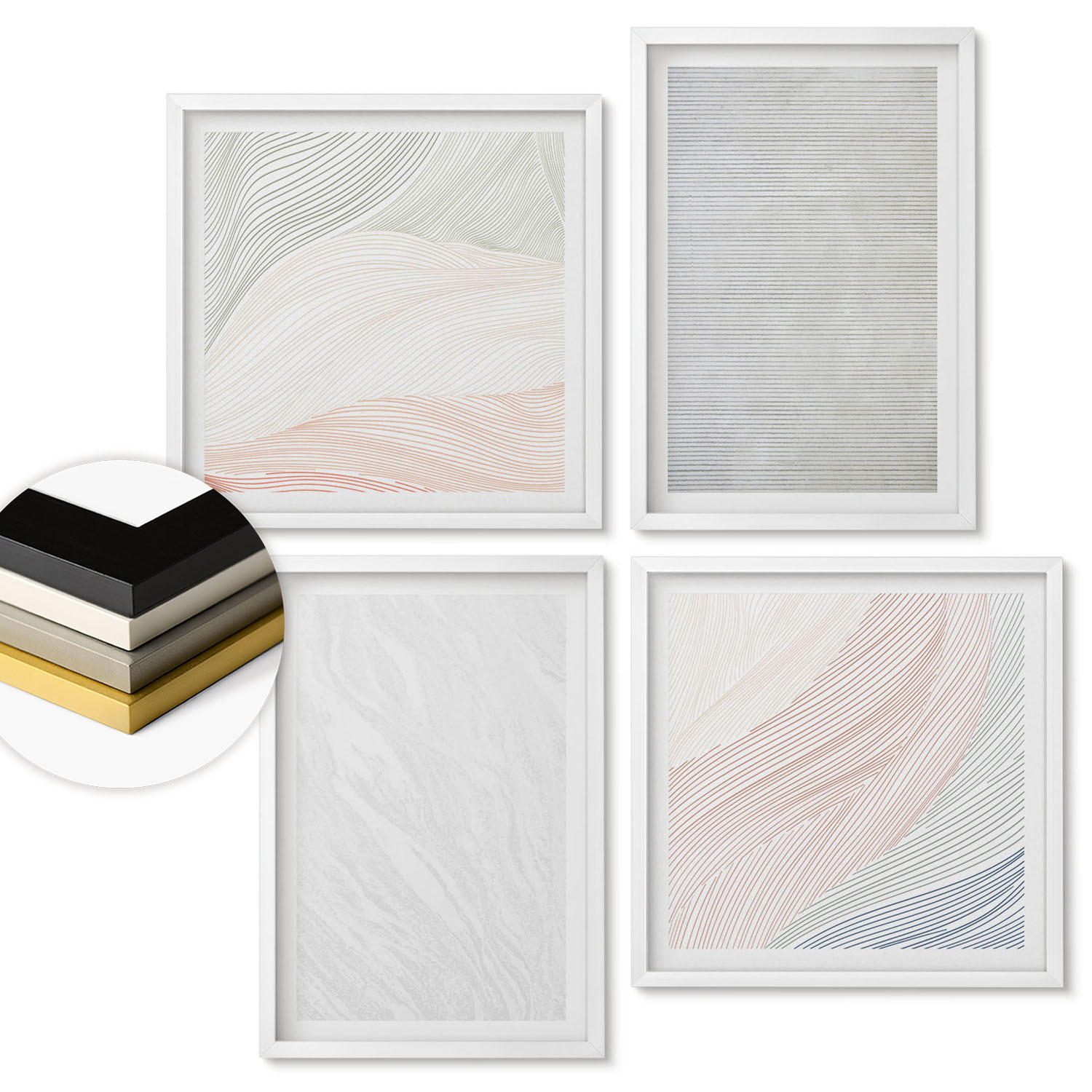WANDBILDER 4er-Set - 50x50 cm & 40x60 cm Weißer Rahmen - Leuchtende Strukturen, Sandmuster - Weiß, Kunststoff (50/50cm) - ArtPrintCave