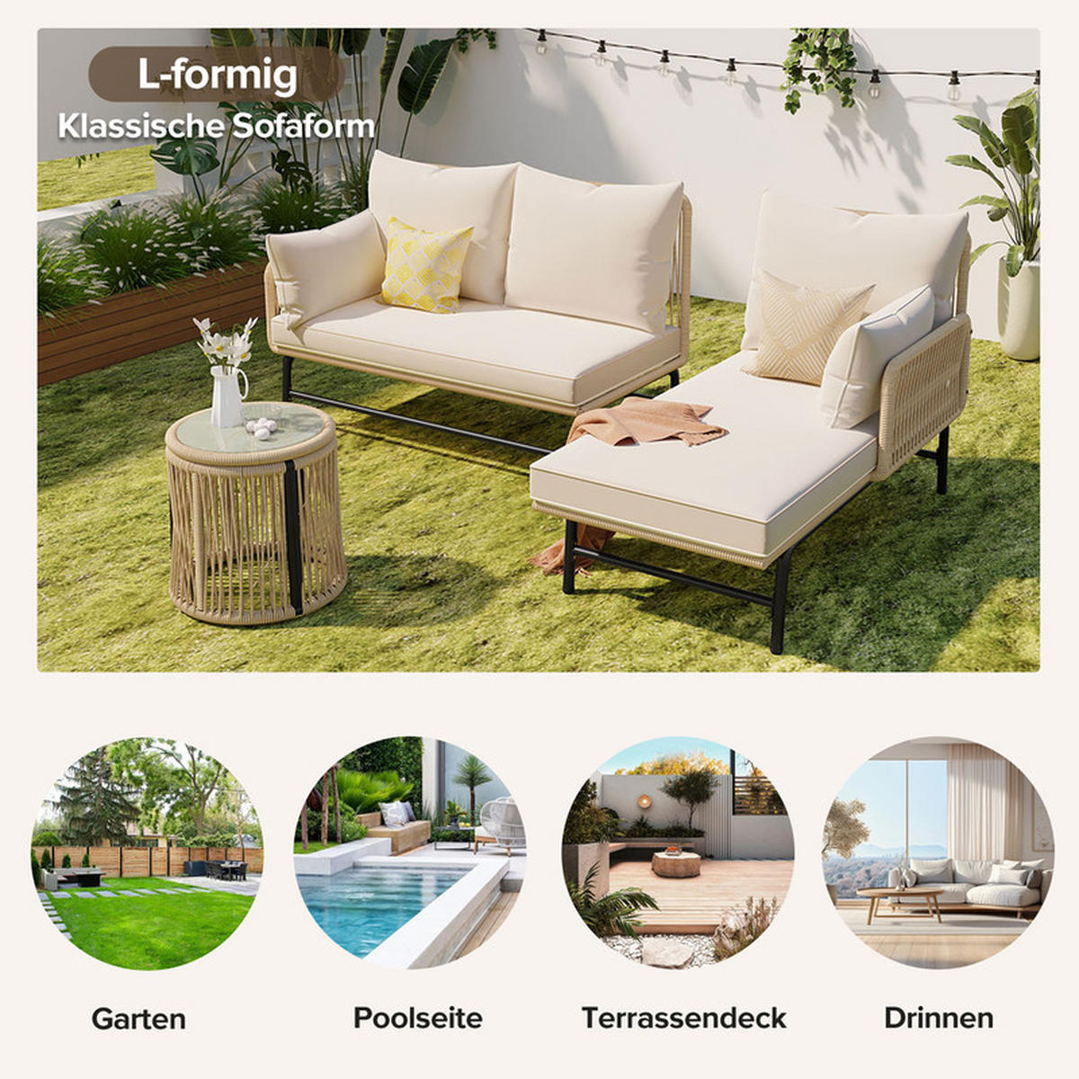 GARTENLOUNGE-SET BEIGE mit 2 Zweisitzern 2 Sesseln und 2 Tischen Seilgeflecht inkl. Kissen - Beige, Textil - BLACKCUP