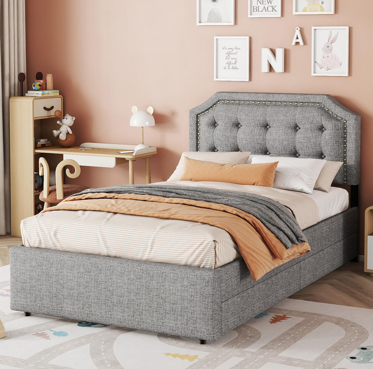 BETT gepolstert mit 2 Schubladen 90x200 cm Leinen Grau - Dunkelgrau, Metall (90/200cm) - Meubliv