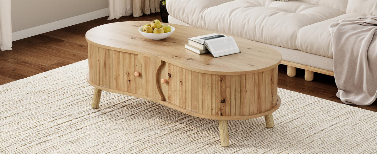 COUCHTISCH organisch Rillenoptik 2 Schiebetüren - Naturfarben, Holz (50/108/37cm) - LEBENLANG