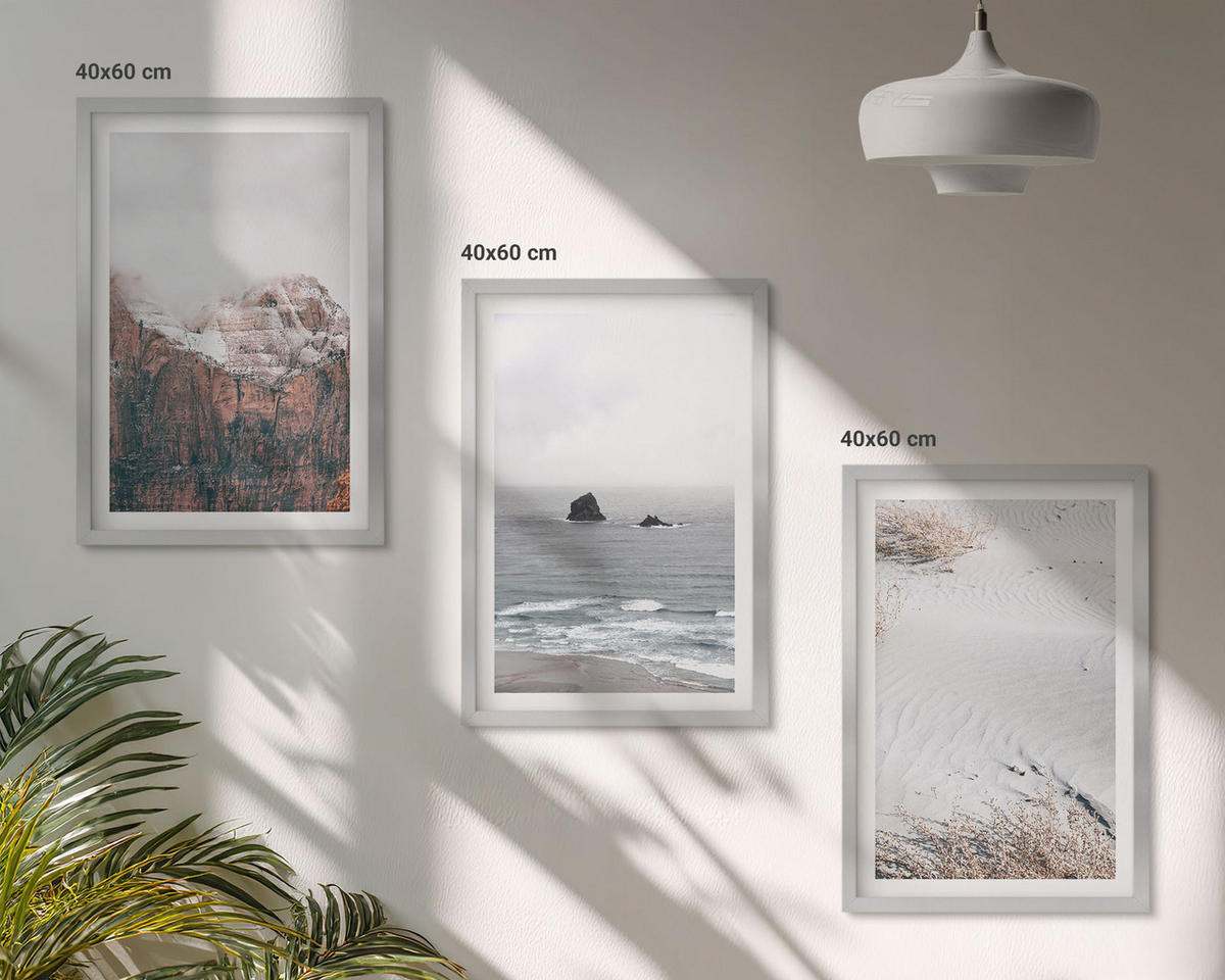 BILDER SET 3er Set - 40x60 cm Silberner Rahmen - Berge, Wolken, Meer, Sand, Natur - Silberfarben, Kunststoff (40/60cm) - TULUP