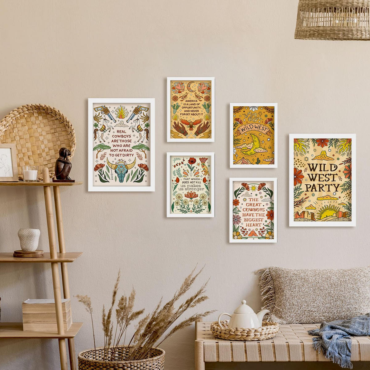POSTER Set Mit 6 Wundervoller Wildwest-Ästhetische Dekorative Gemälde Für Ihr Wohnzimmer Oder Zuhause Wandkunstdruck A3 & A4 Weißer Rahmen - Weiß, Papier (29/3cm) - Nacnic