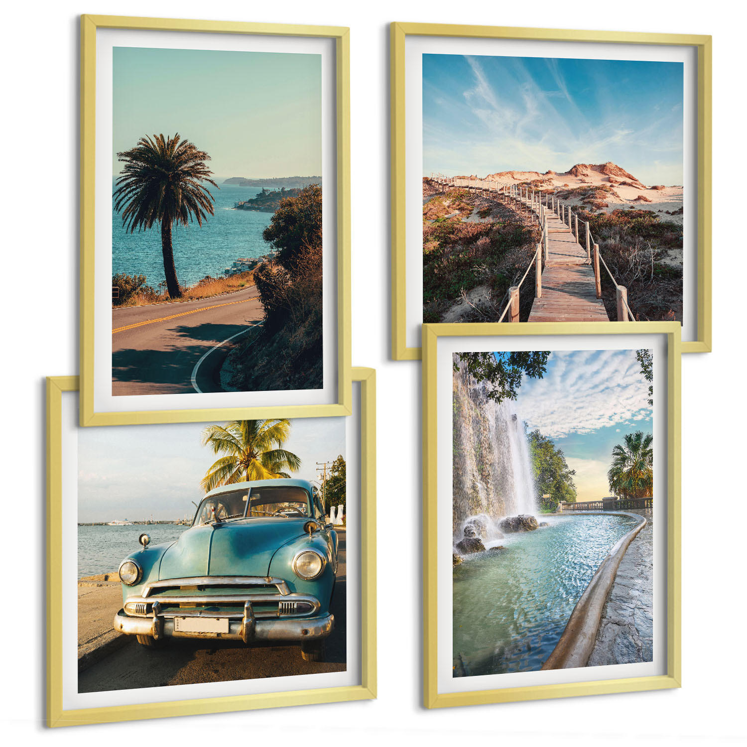 BILDER SET 4er Set - 50x50 cm & 40x60 cm Goldrahmen - Urlaub Palmen Wasserfall - Goldfarben, Kunststoff (50/50cm) - TULUP