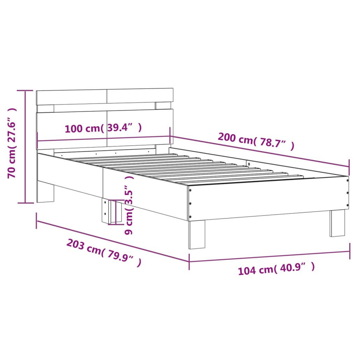BETTGESTELL Mit Kopfteil Und Led-Leuchten Grau Sonoma 100/200Cm - Grau, Holzwerkstoff (100/200cm) - vidaXL