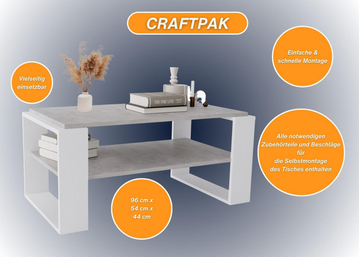 COUCHTISCH Holzwerkstoff rechteckig stabil Grau 42/54/96cm - Weiß/Grau, Holzwerkstoff (53.8/96/42cm) - CraftPAK