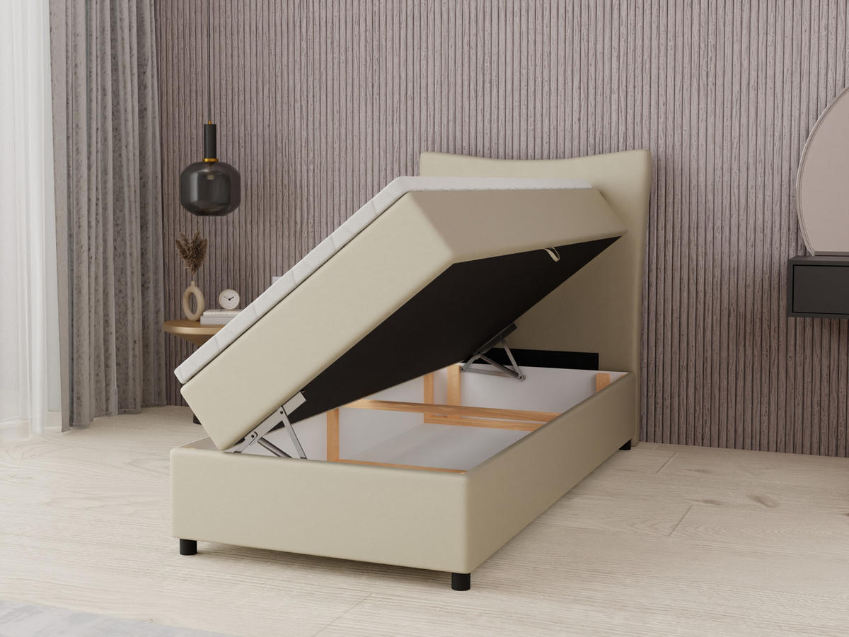 BOXBETT Nevada 90x200 cm Polsterbett mit hochwertiger Bonell-Matratze und Topper - ecru - Ecru, Holz (90/200cm) - Panda Möbel