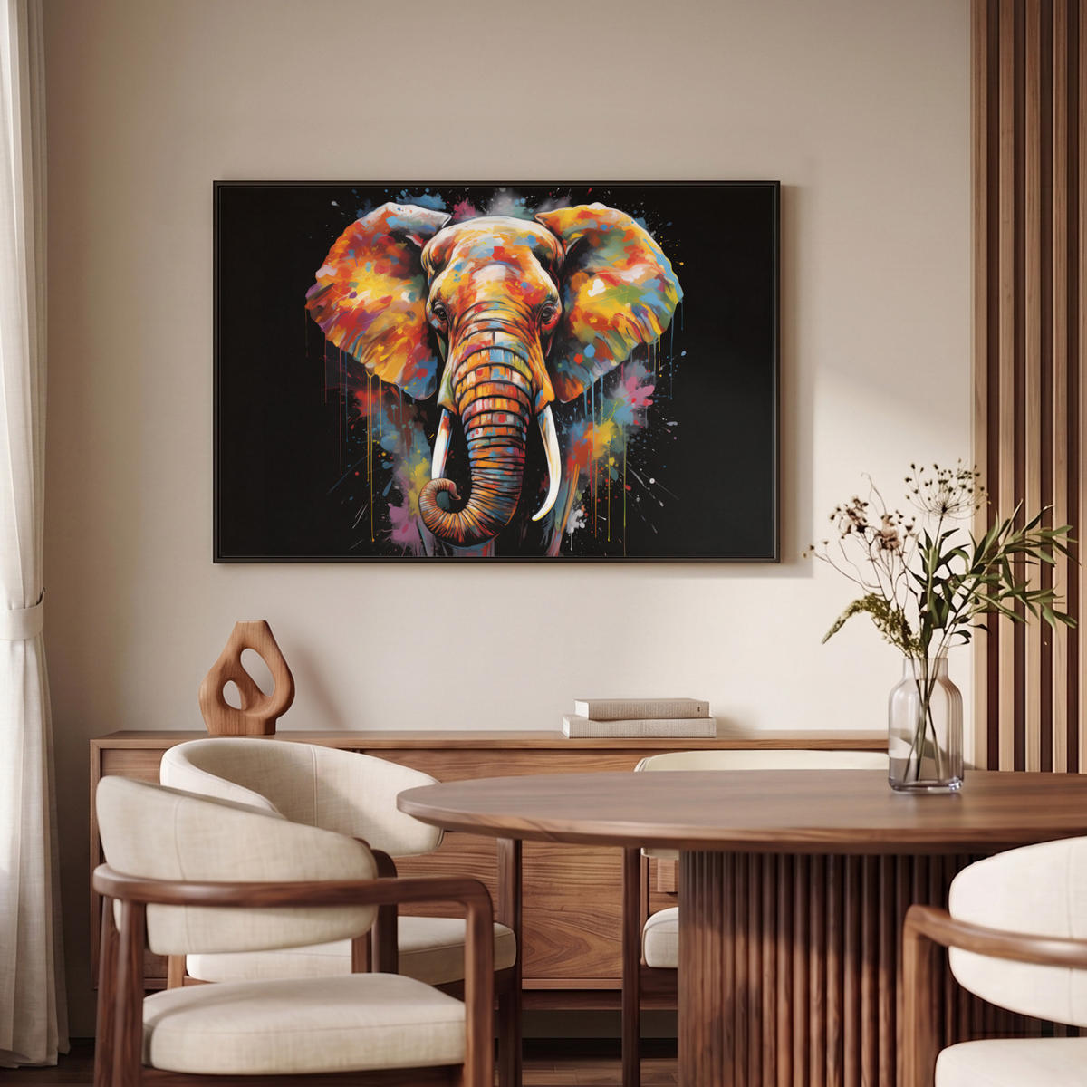 LEINWAND Bilder mit Rahmen - Elefant - Graffiti - Schwarz - Tiere - Farben - 90x60 - Schwarz, Textil (90/60cm) - MuchoWow