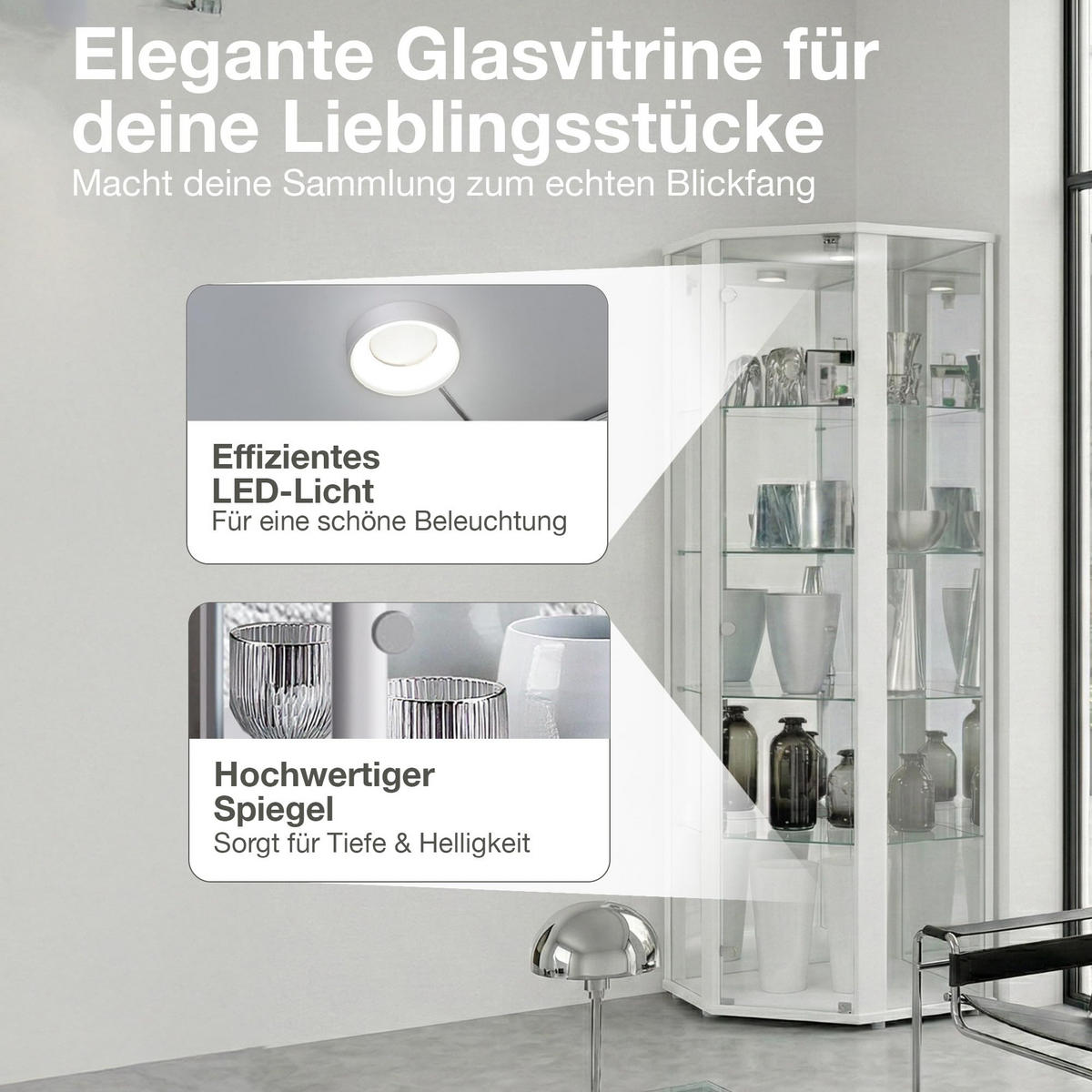 ECKVITRINE 56,5/56,5/176 cm mit Spiegel, LED & Schloss - Transparent/Silberfarben, Glas/Holzwerkstoff (56.5/176/56.5cm) - K-Möbel