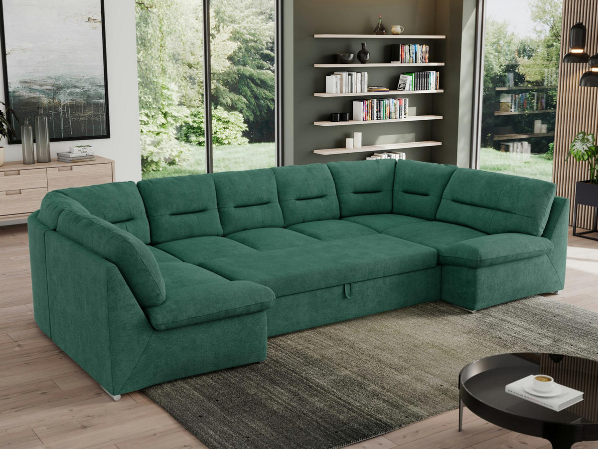 WOHNLANDSCHAFT MORBIDO U Grün Struktur - Silberfarben/Grün, Textil/Metall (340/93/206cm) - MKS