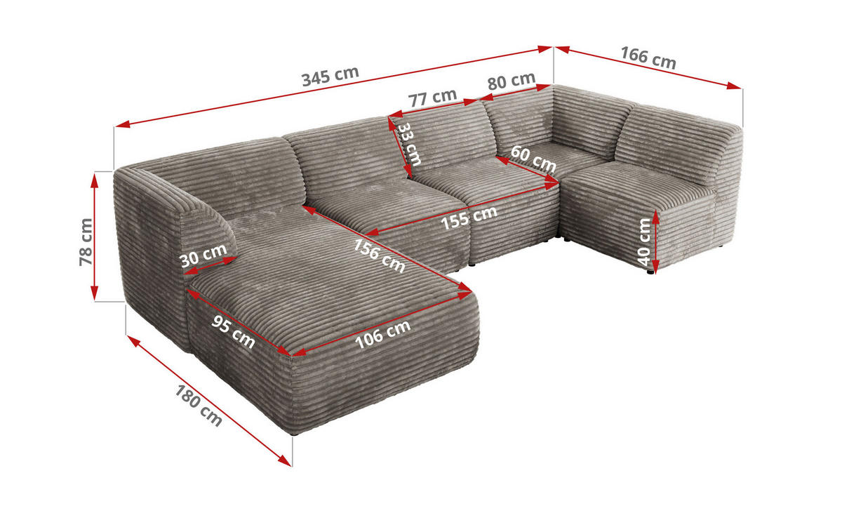WOHNLANDSCHAFT MODARO U 5M - Hellbraun Cord - Links - Hellbraun/Schwarz, Textil (180/78/345cm) - MKS