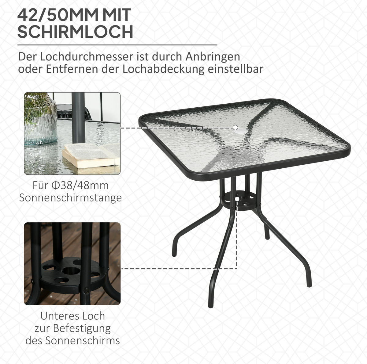GARTENTISCH 76/76/72 cm schwarz aus Metall mit Glasplatte und Schirmloch - Naturfarben, Metall (76/76/72cm) - OKWISH