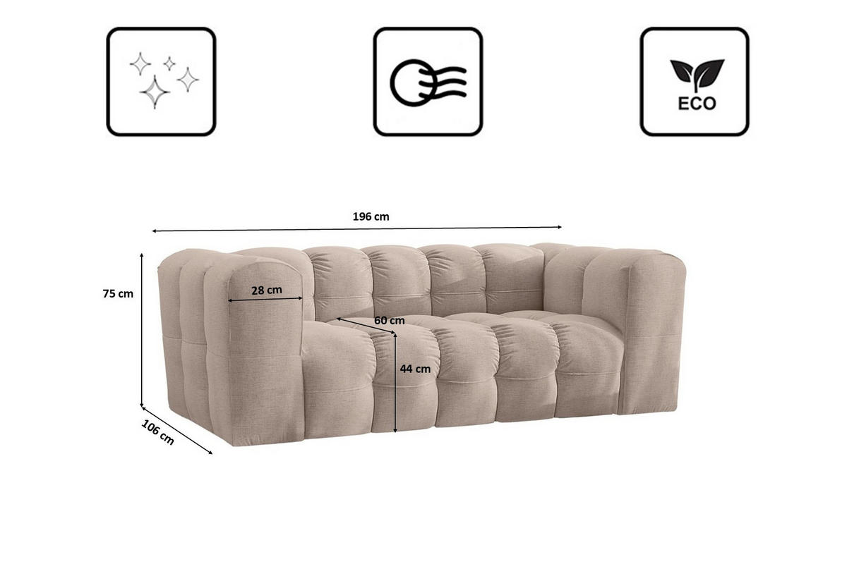 SOFA 2-Sitzer, Komfort, BALOO, Stoff Schenille, Beige - Beige, Holz (196/75/106cm) - Kaiser Möbel