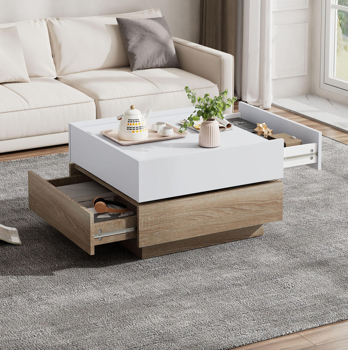 COUCHTISCH drehbar 60 x 60 x 38 cm Weiß Walnuss mit 2 Schubladen - Weiß, Holzwerkstoff (60/60/38cm) - Meubliv