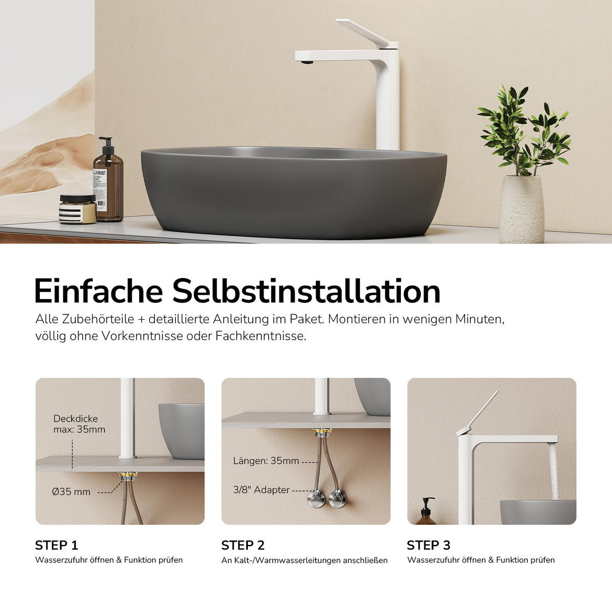 WASCHTISCHARMATUR mit Zertifiziertem Filterelement Weiß Matt Hoher Stil - Weiß, Metall (23.3/4.6/33.5cm) - EMKE