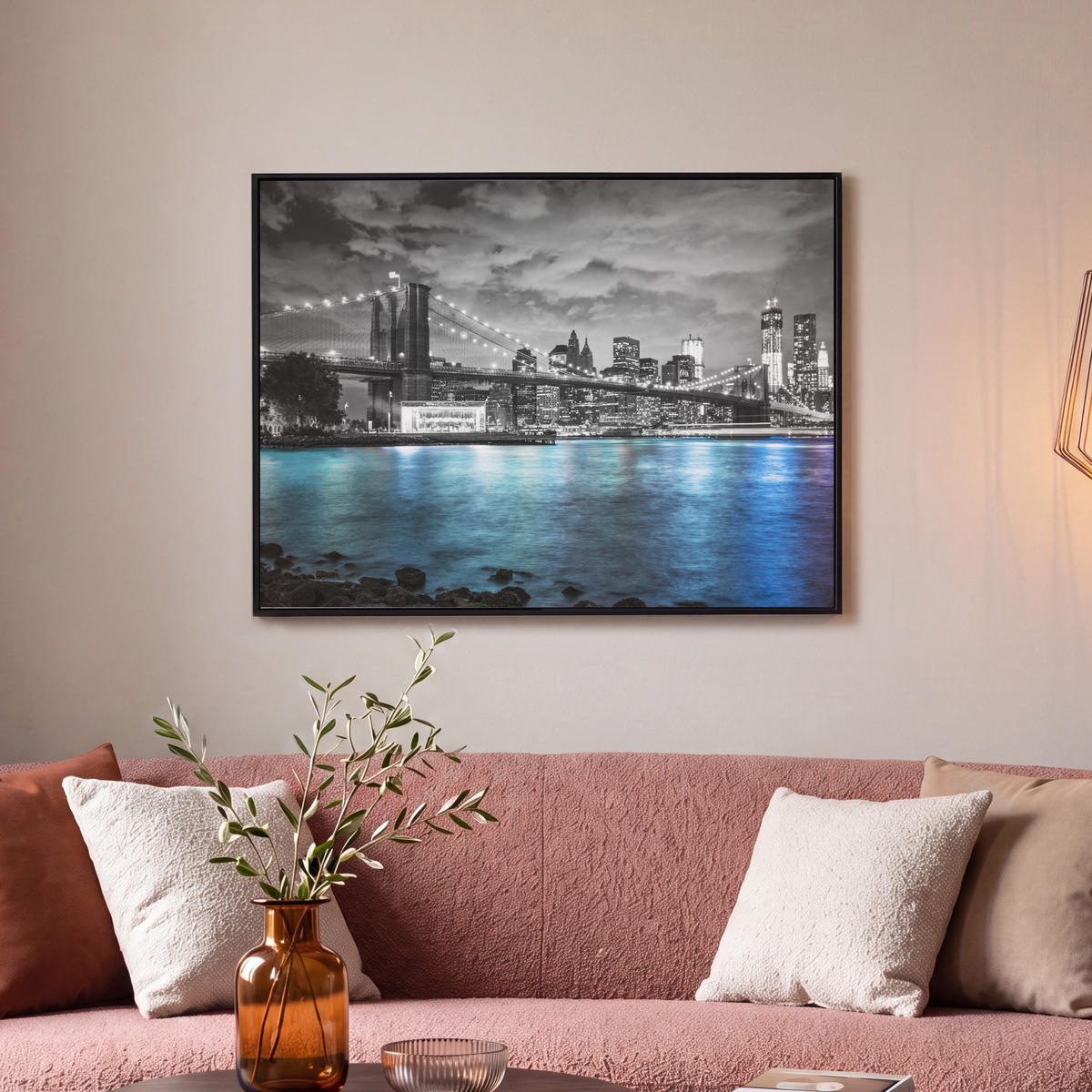 LEINWAND Bilder mit Rahmen - New York - Skyline - Stadt - Blau - 70x50 - Blaugrau, Textil (70/50cm) - MuchoWow