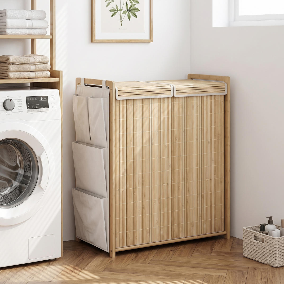 WÄSCHEKORB Bambus 120L mit Deckel, 2 Wäschesäcken & Seitentaschen Natur - Naturfarben, Naturmaterialien (63/78/33cm) - Urban Meuble