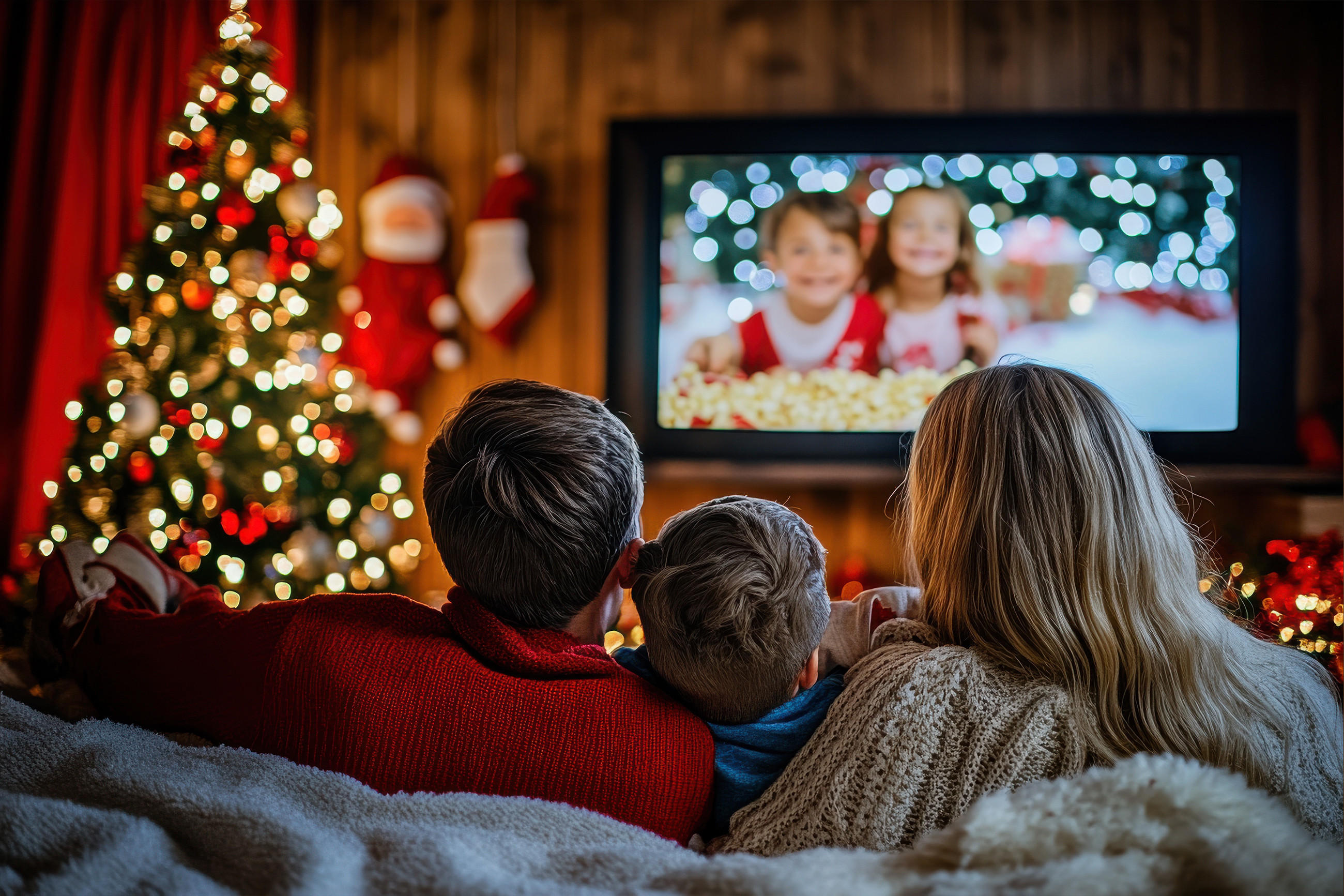 Eine Familie sitzt gemütlich auf der Couch und schaut Weihnachtsfilme zusammen.