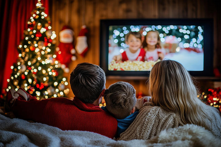 Eine Familie sitzt gemütlich auf der Couch und schaut Weihnachtsfilme zusammen.