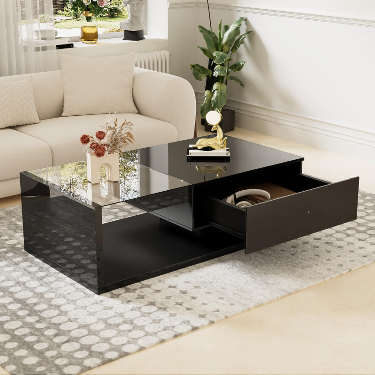 COUCHTISCH Schwarz Hochglanz 105x55x32 cm, Glasplatte, Ablagefach, Wohnzimmer - Schwarz, Holz (55/105/32cm) - PARAFTA HOME