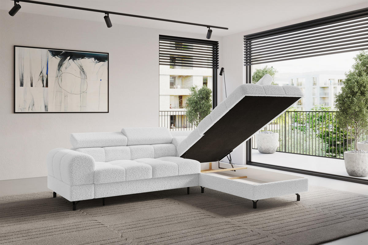 ECKSOFA mit Schlaffunktion Ottomane Rechts LUMA-L 272x203x70 Weiß Bouclé - Schwarz/Weiß, Holzwerkstoff/Kunststoff (203/272cm) - ALTDECOR
