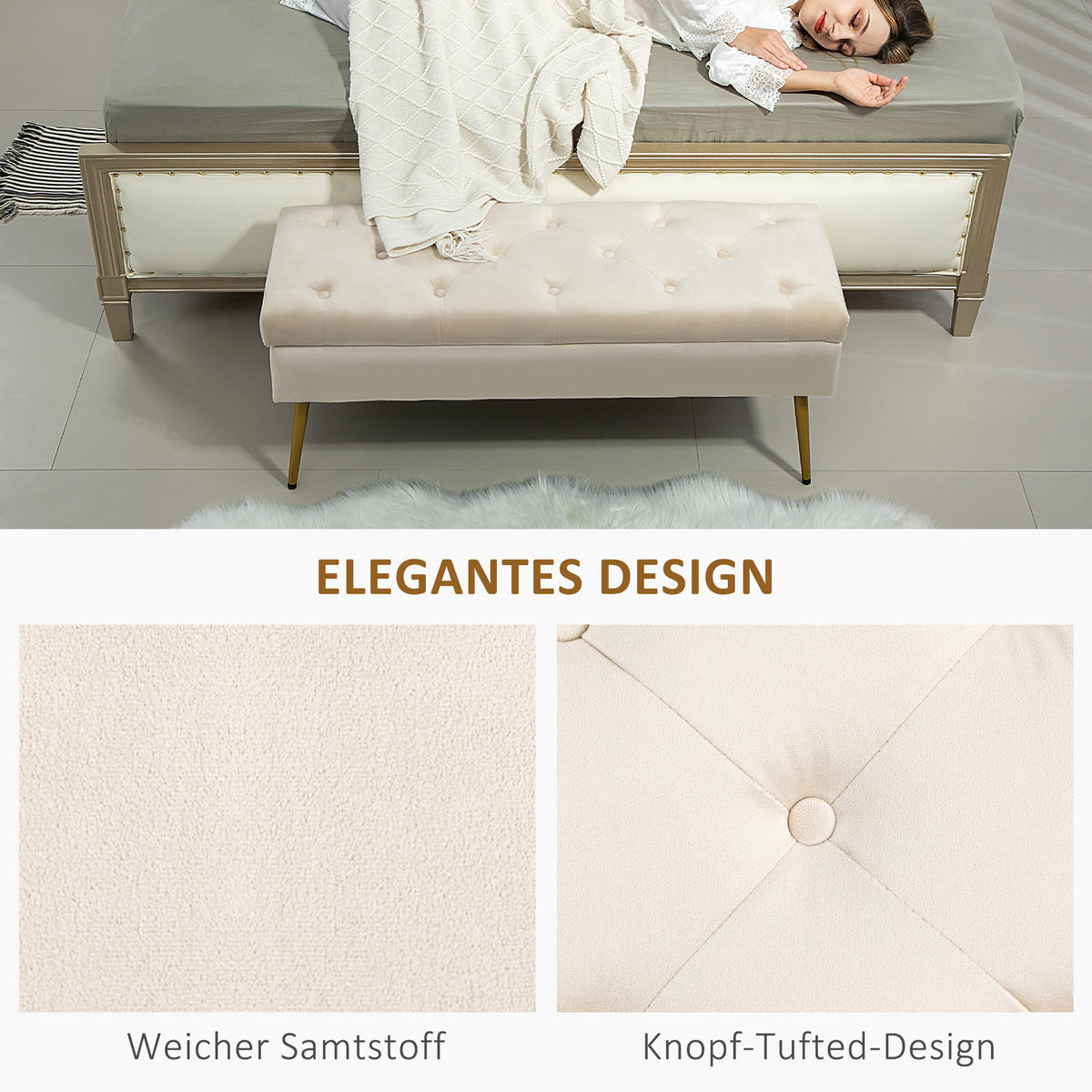 SITZBANK Polsterbank mit Stauraum Bettbank mit Samtoptik für Flur Metall Beige - Beige, Kunststoff (35/43/102cm) - HOMCOM